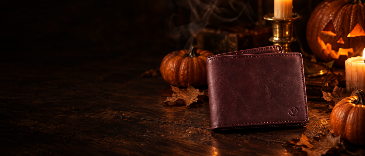 Paragon VN500 leather wallet with Halloween pumpkins and candlelight